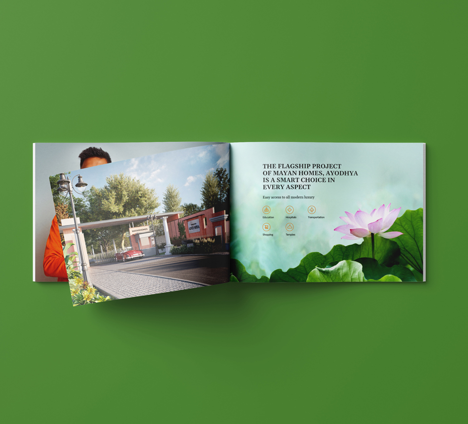 Mayan Homes Ayodhya project brochure featuring entrance gate rendering and benefits like easy access to hospitals, education, shopping, and temples with lotus flower design on green background